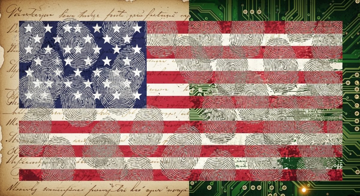 Stylized U.S. flag blending fingerprints, circuit board, and handwritten script