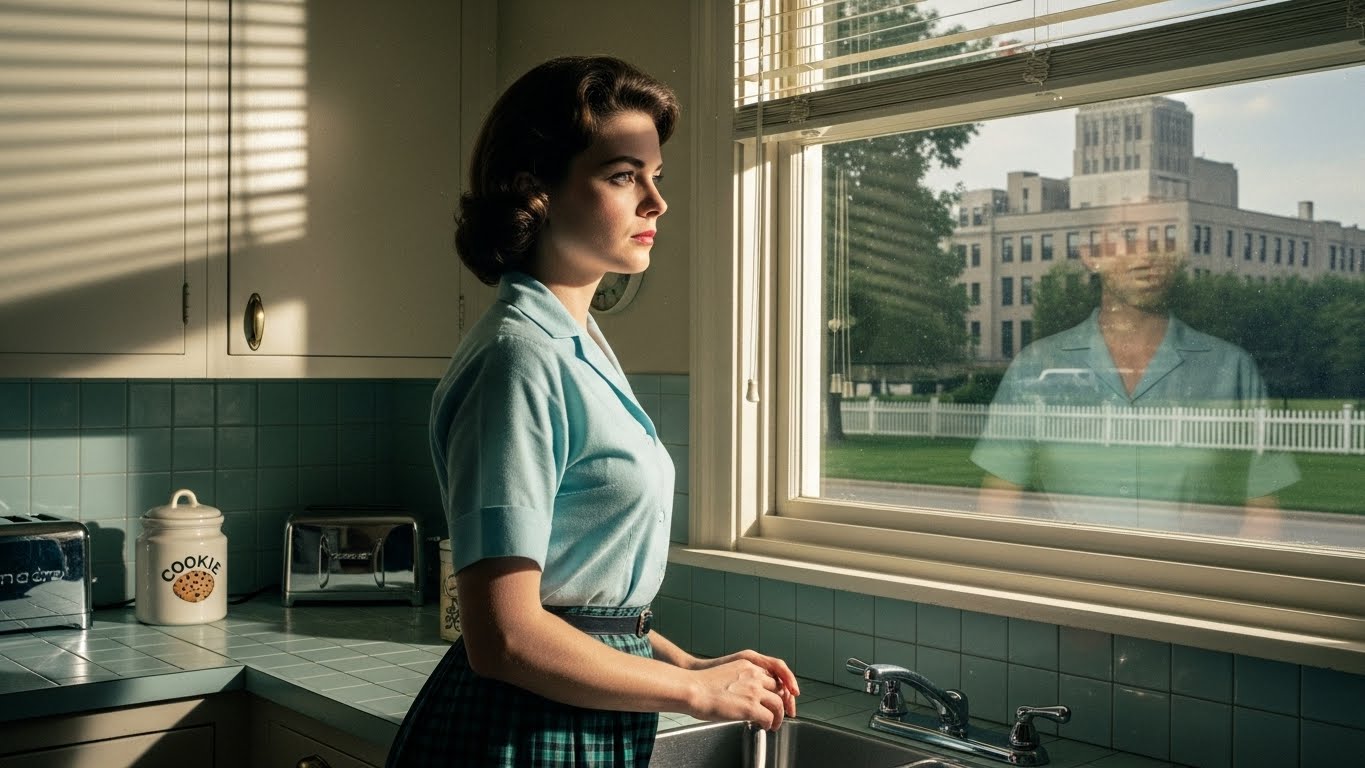 1950s woman standing in a kitchen looking out a window, reflecting on life beyond the home and changing roles