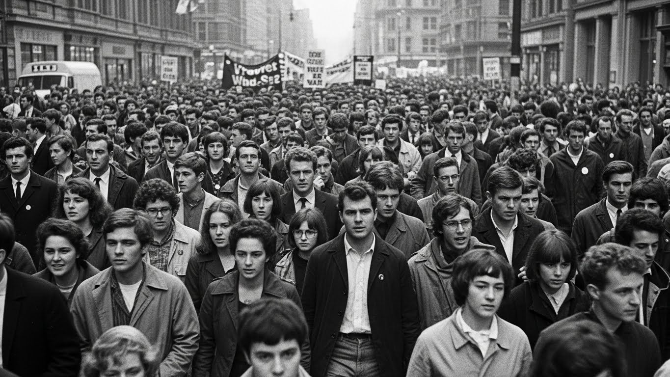 1960s crowd of young protesters marching through a city street during an anti-war demonstration.