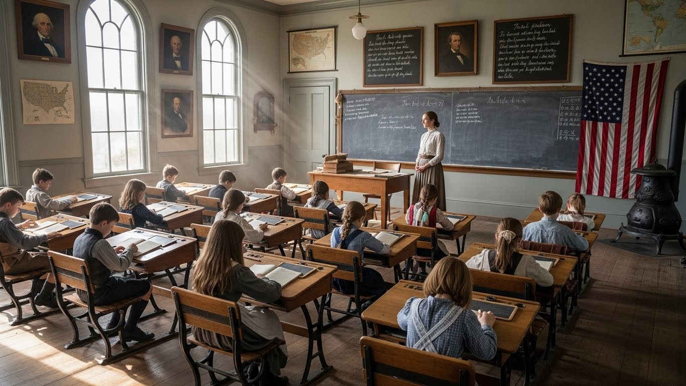 Early American classroom with students at wooden desks, teacher at chalkboard, and U.S. flag symbolizing education and patriotism.