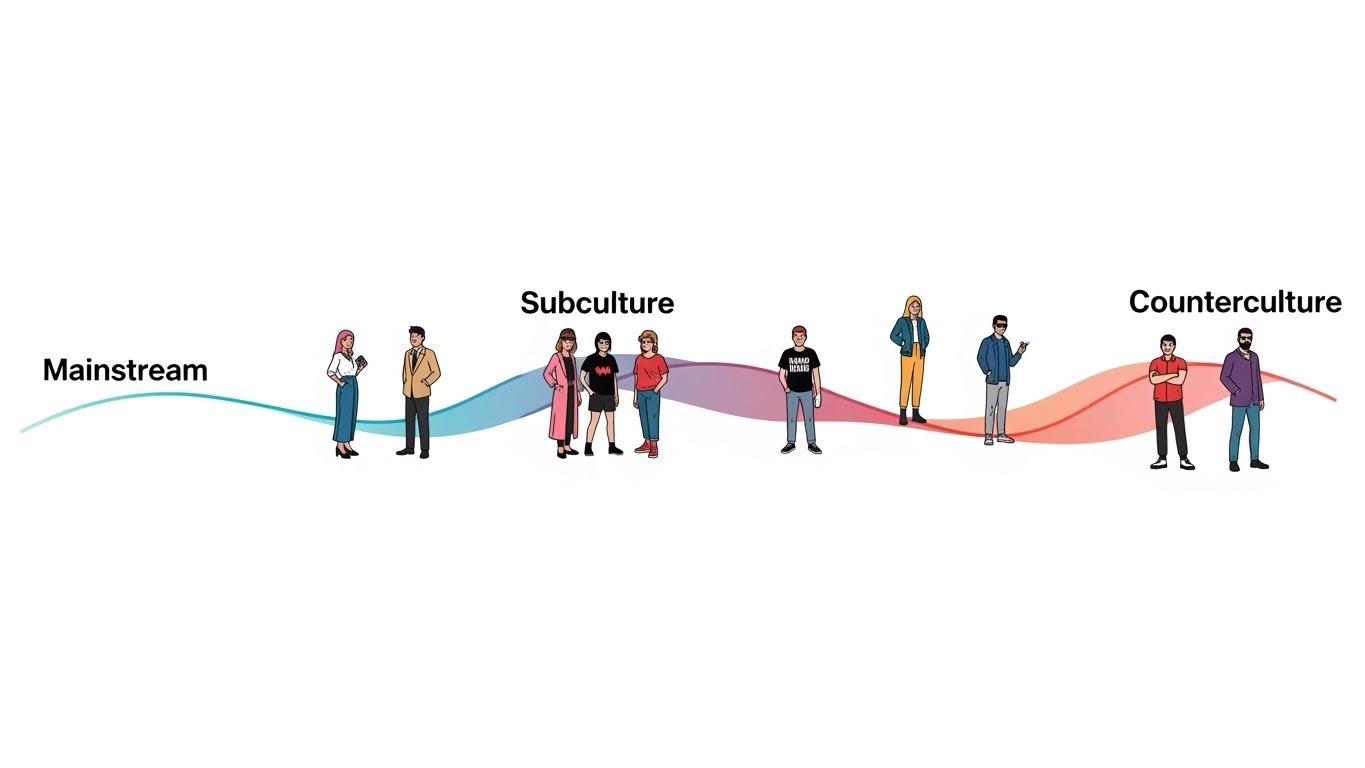 Illustration showing mainstream to subculture to counterculture with diverse people on a spectrum.