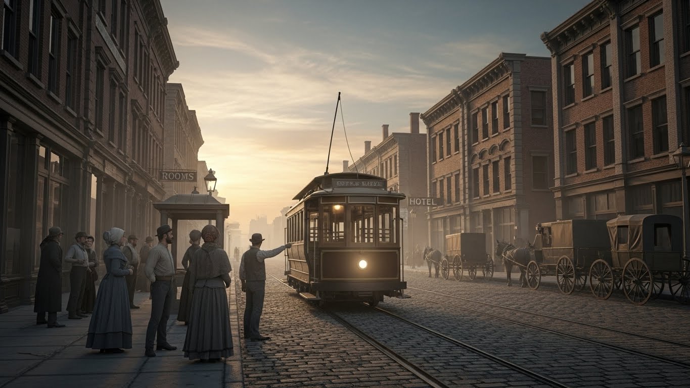 Late 1800s city street with workers boarding a streetcar, showing the rise of daily urban commuting Late 1800s city street with workers boarding a streetcar, showing the rise of daily urban commuting