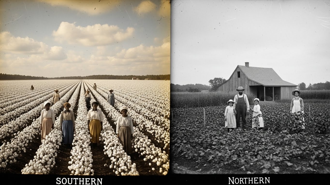 Split image showing Southern cotton plantation with field laborers and Northern fam farm with barn.