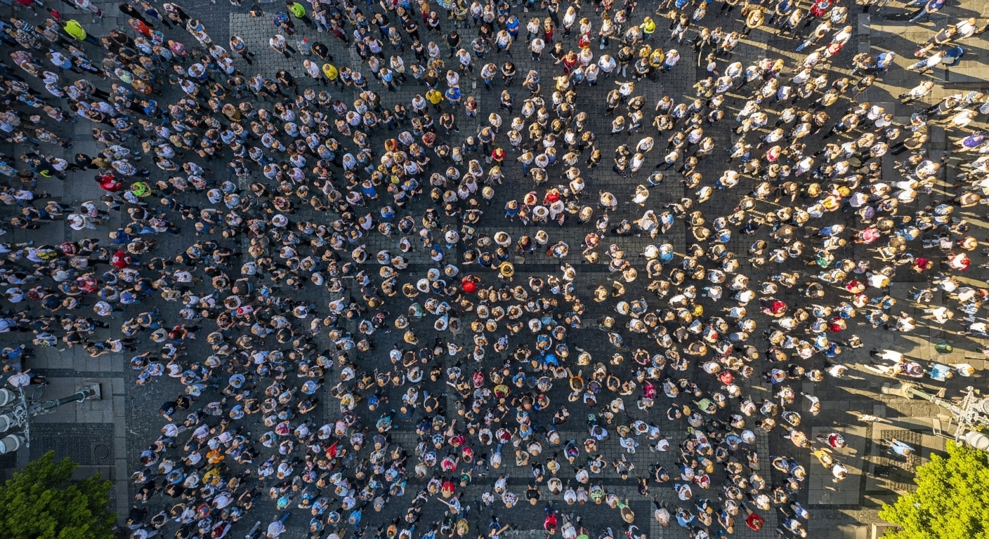 A crowd of people viewed from above