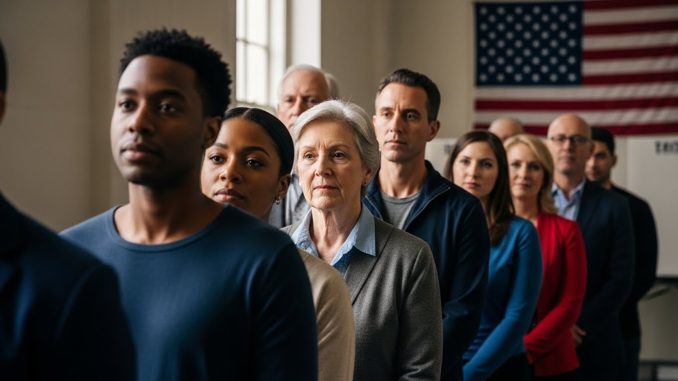 Diverse U.S. citizens standing in line at a polling place, showing civic duty and voting responsibility