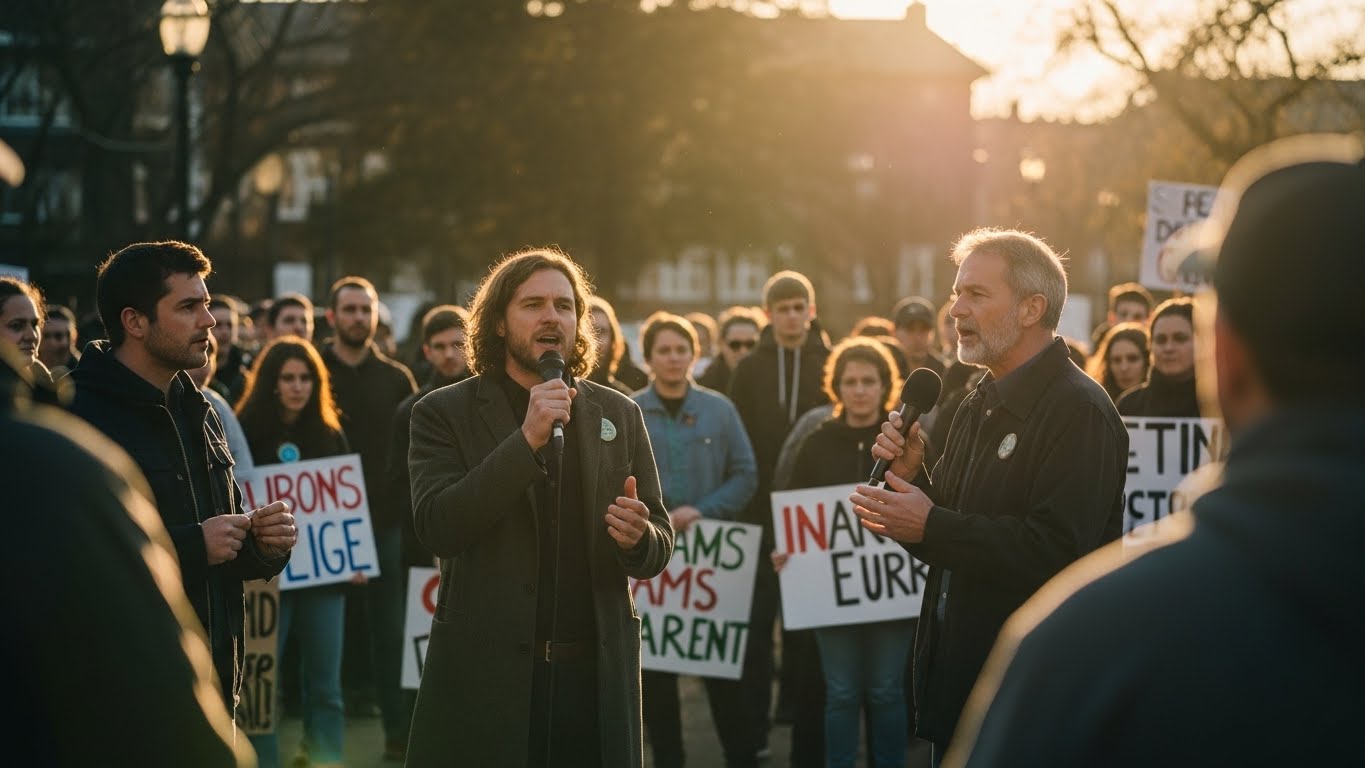 Protest rally with speakers addressing a crowd holding signs during golden hour sunlight. Protest rally with speakers addressing a crowd holding signs during golden hour sunlight.