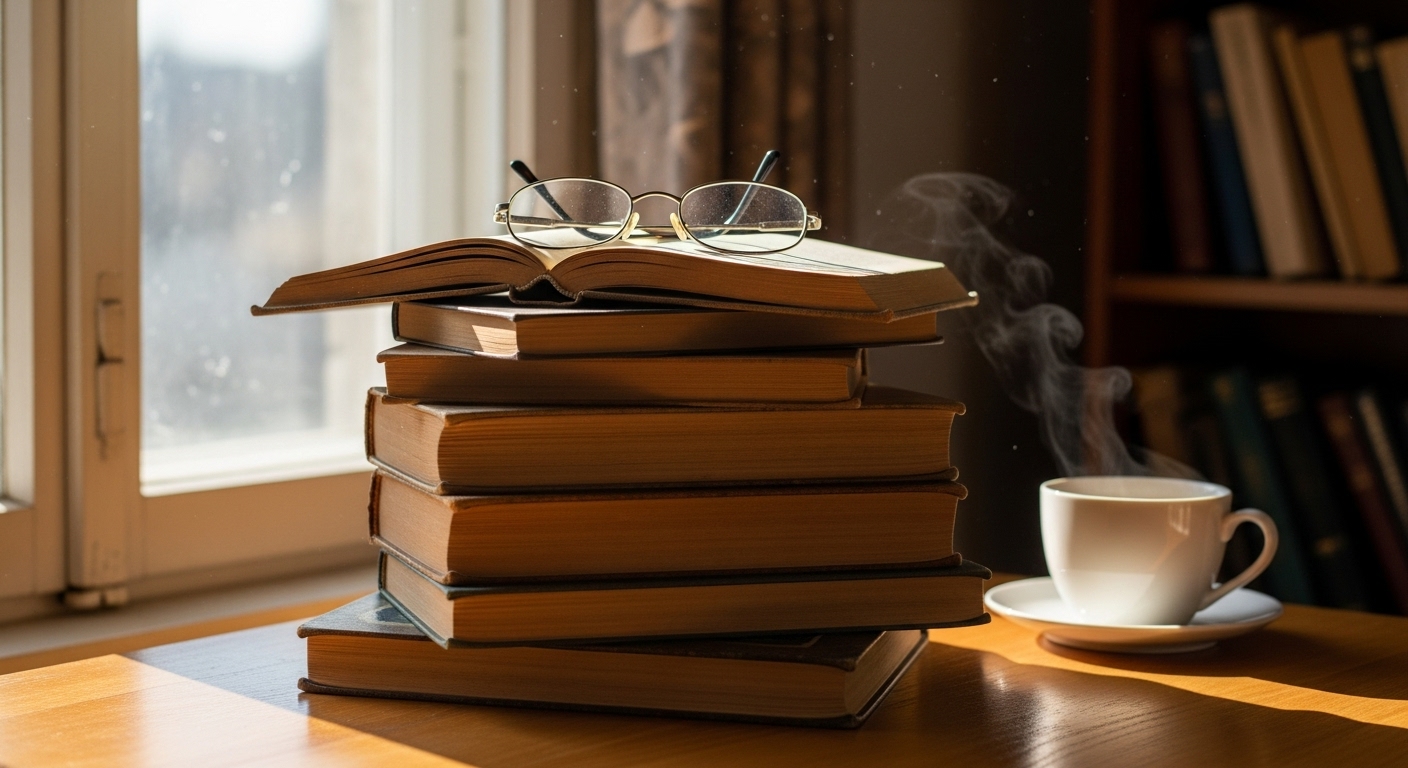 Stack of classic books with eyeglasses on top beside a steaming coffee cup by a sunlit window Stack of classic books with eyeglasses on top beside a steaming coffee cup by a sunlit window