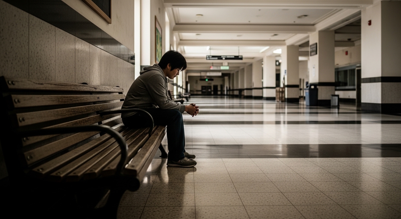 Man sitting alone on a bench in an empty hallway, reflecting quietly while waiting in silence Man sitting alone on a bench in an empty hallway, reflecting quietly while waiting in silence