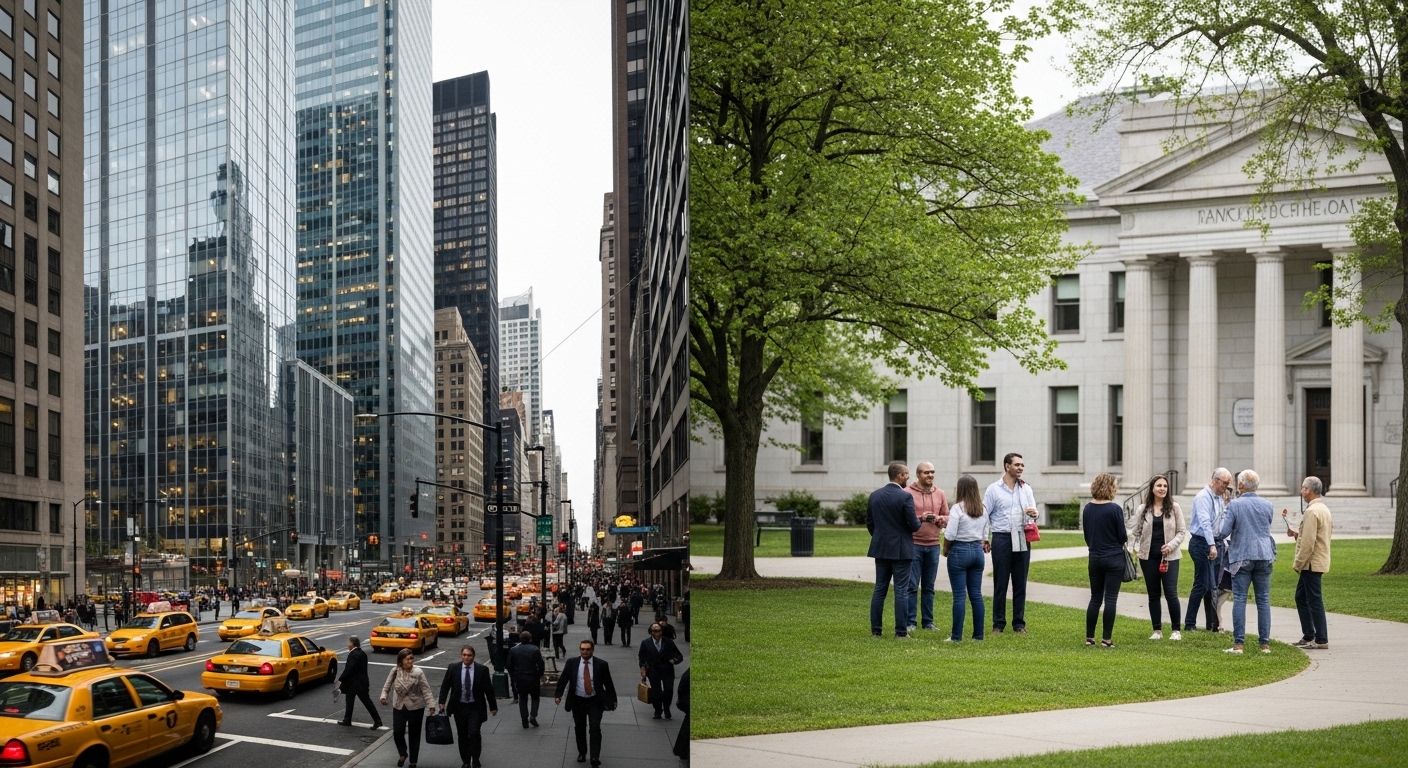 Split scene of busy city financial district and people gathered outside civic building on green lawn Split scene of busy city financial district and people gathered outside civic building on green lawn