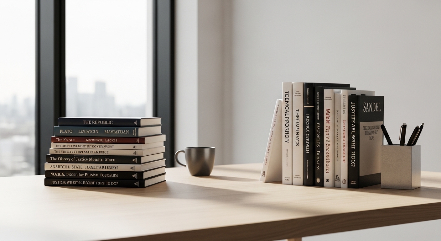 Stack of political philosophy books on desk with coffee mug and city skyline background