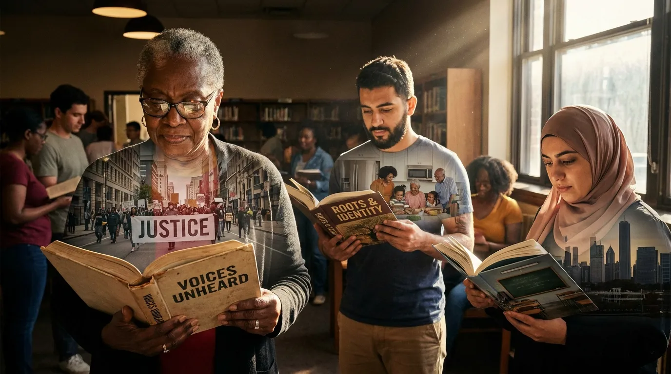 Diverse readers in a library exploring novels about justice, identity, and social issues shaping society.