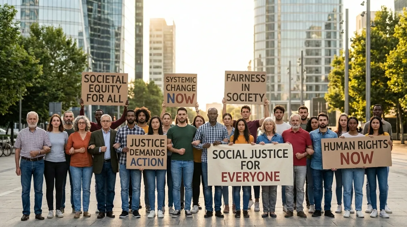 Group of diverse people holding protest signs about social justice, equity, and human rights in city