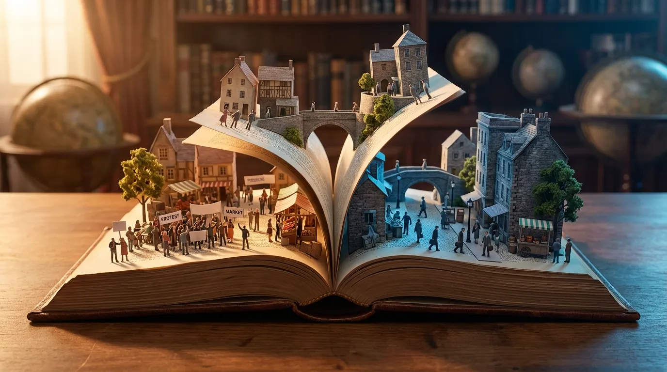 Open book transforming into miniature town scenes with people, symbolizing society and ideas in fiction