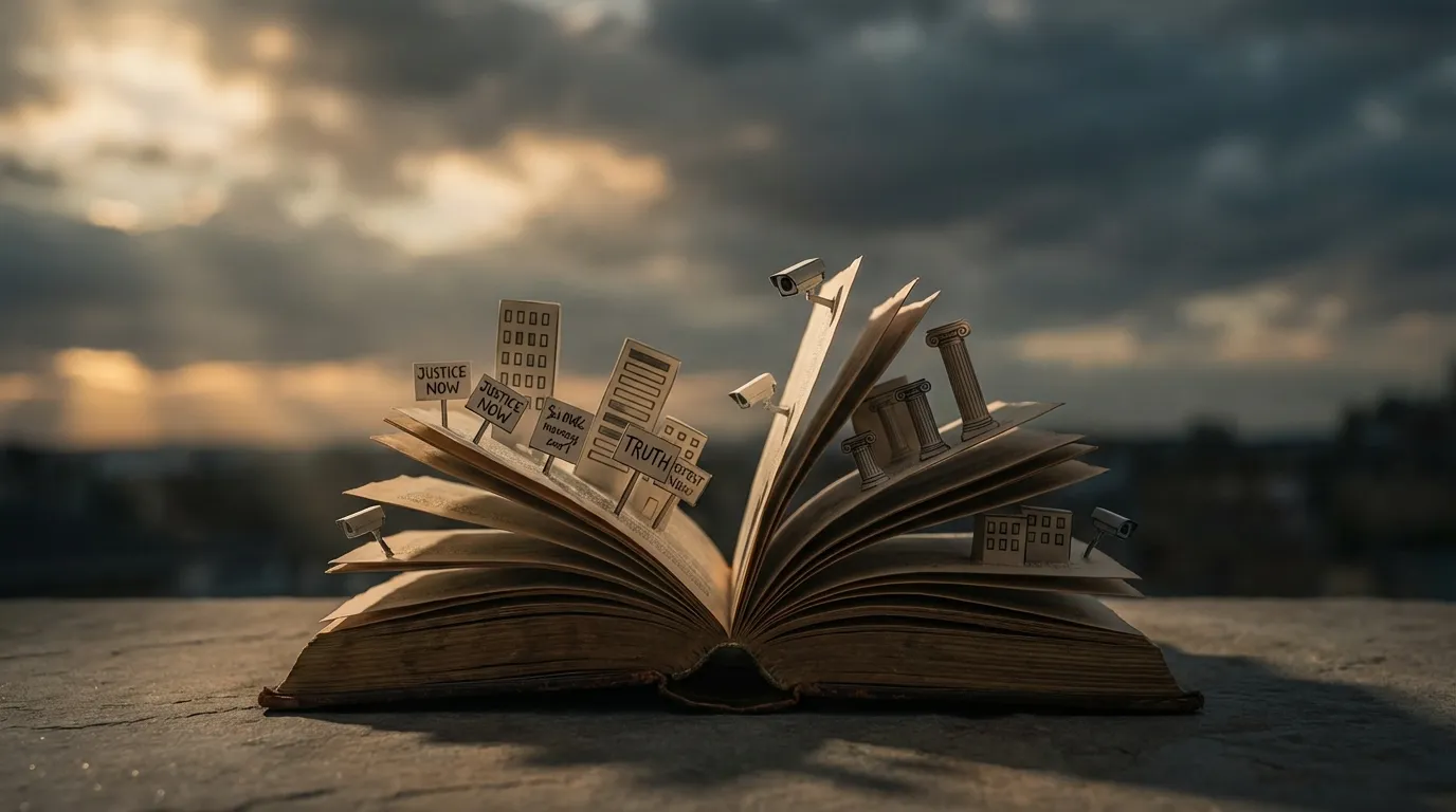 Open book with city, protest signs, courthouse pillars and cameras rising from its pages at sunset Open book with city, protest signs, courthouse pillars and cameras rising from its pages at sunset