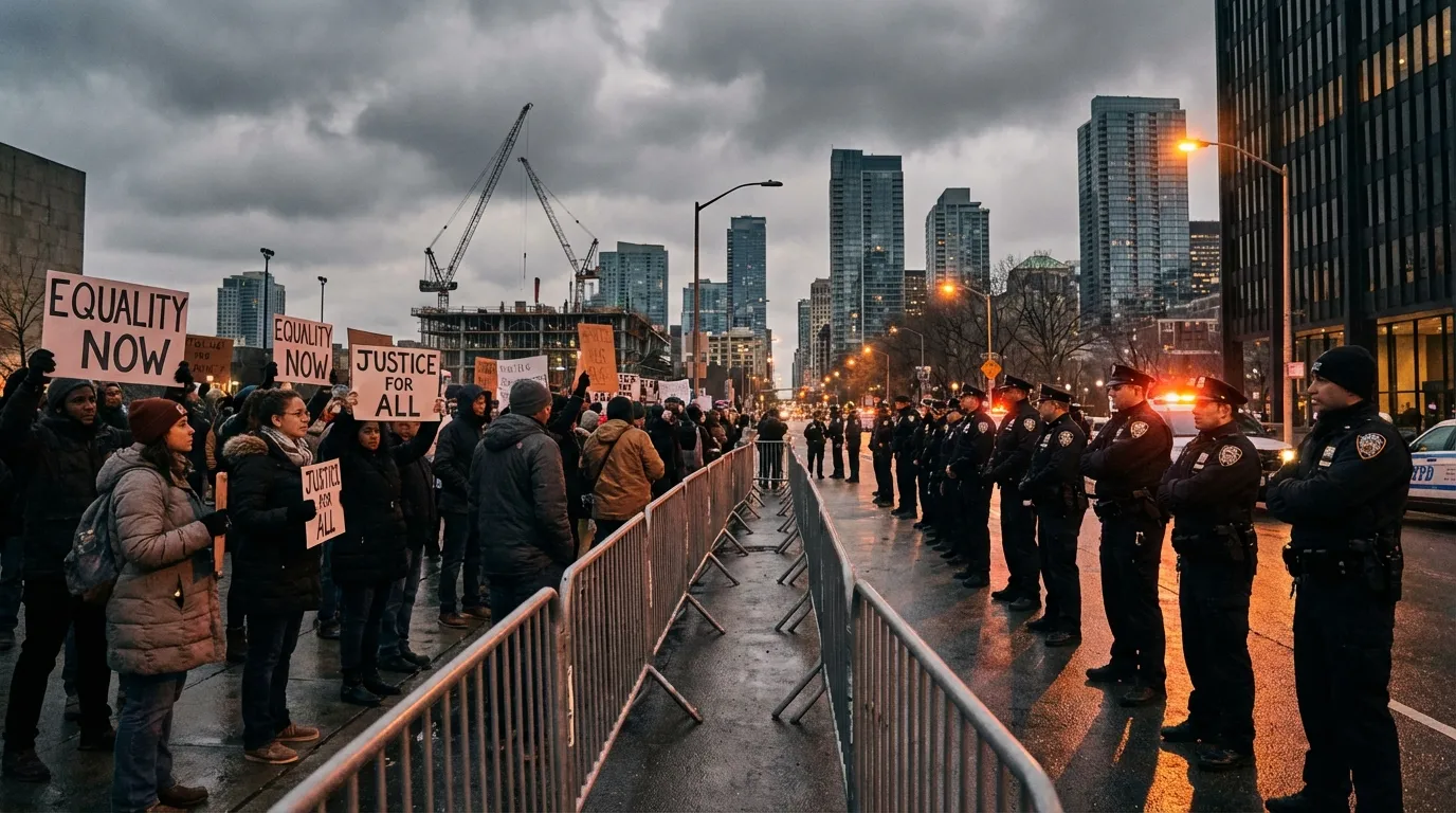 Protesters holding equality signs face police line during urban demonstration over justice and rights