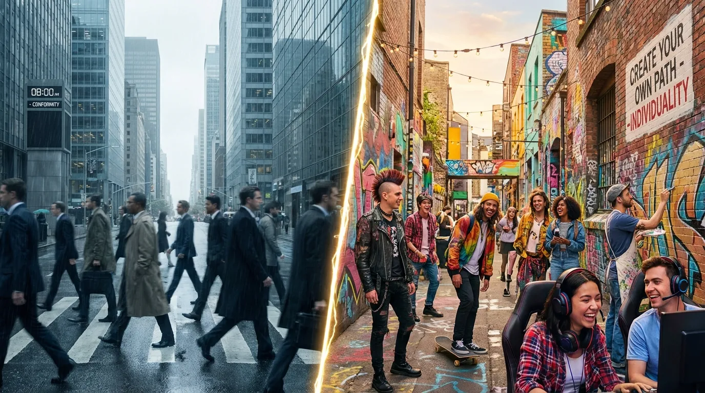 Split image of corporate crowd vs creative youth showing subculture and counterculture contrast Split image of corporate crowd vs creative youth showing subculture and counterculture contrast