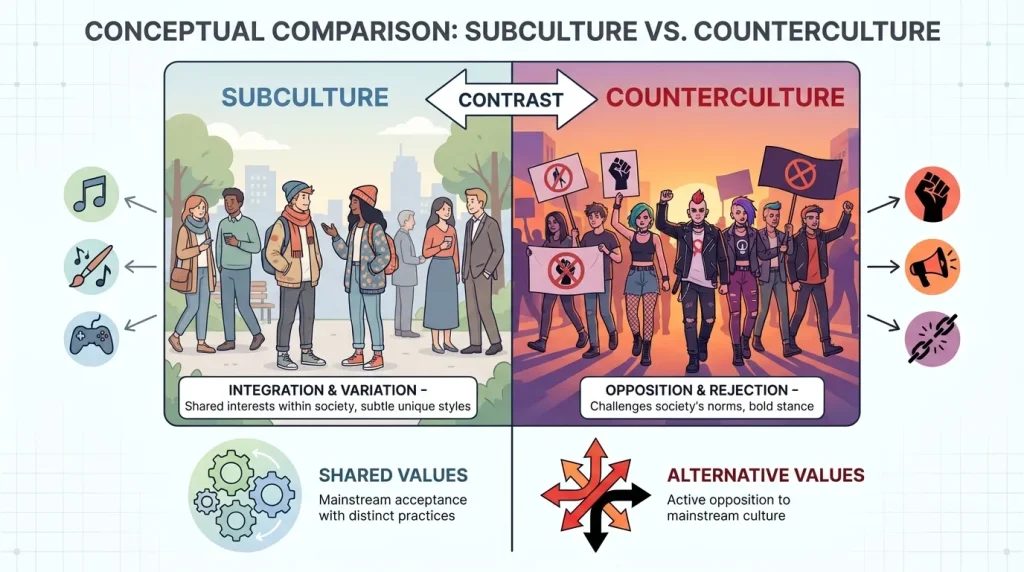 Subculture vs counterculture illustration showing groups blending in versus opposing society norms