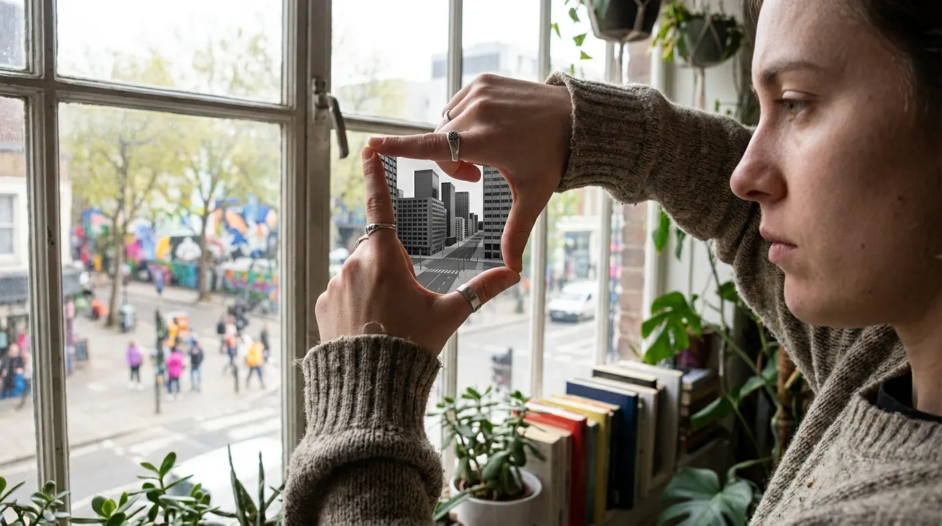 Person framing view through window with hands, holding model buildings symbolizing perspective
