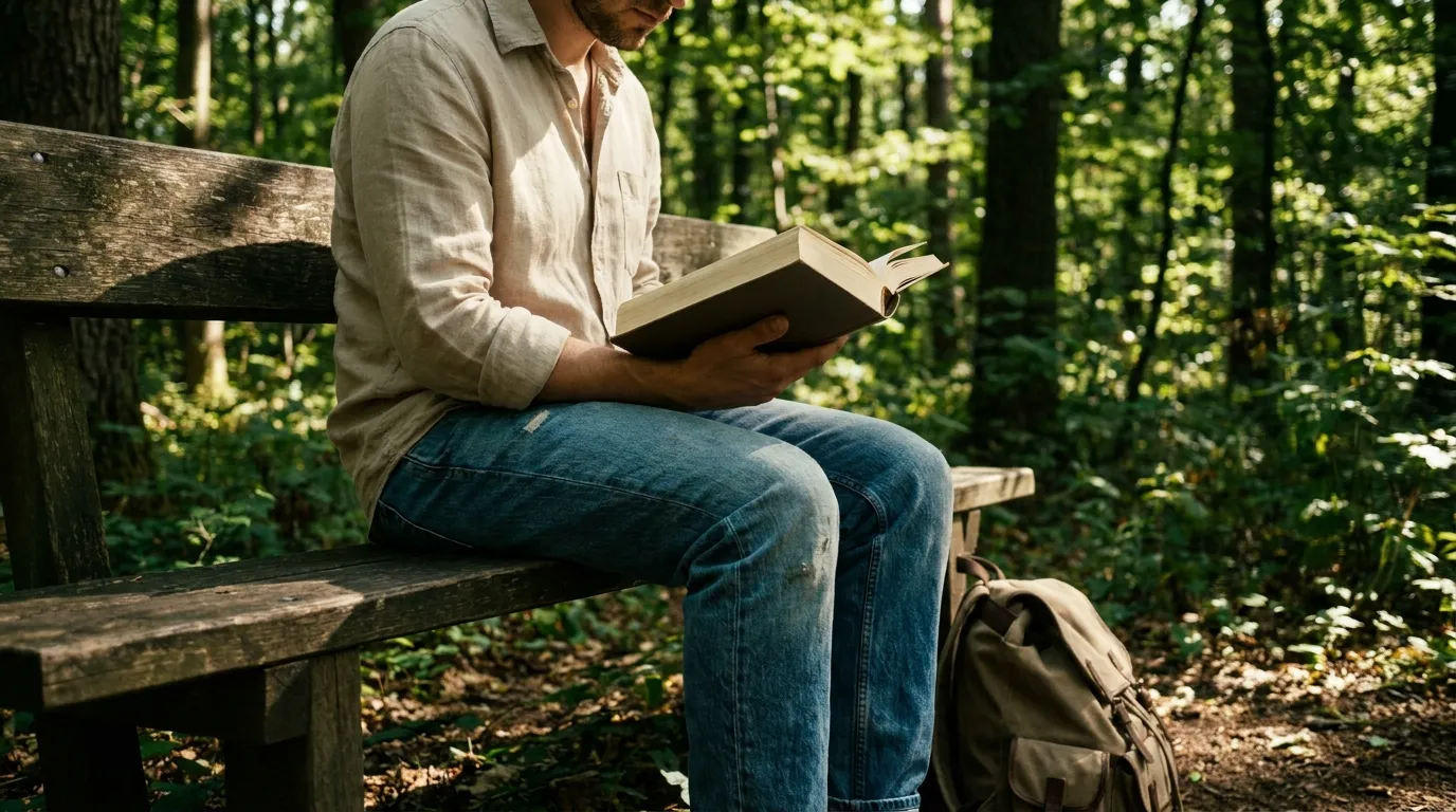 Person sitting on a wooden bench in a lush, sun-dappled forest while reading a book.