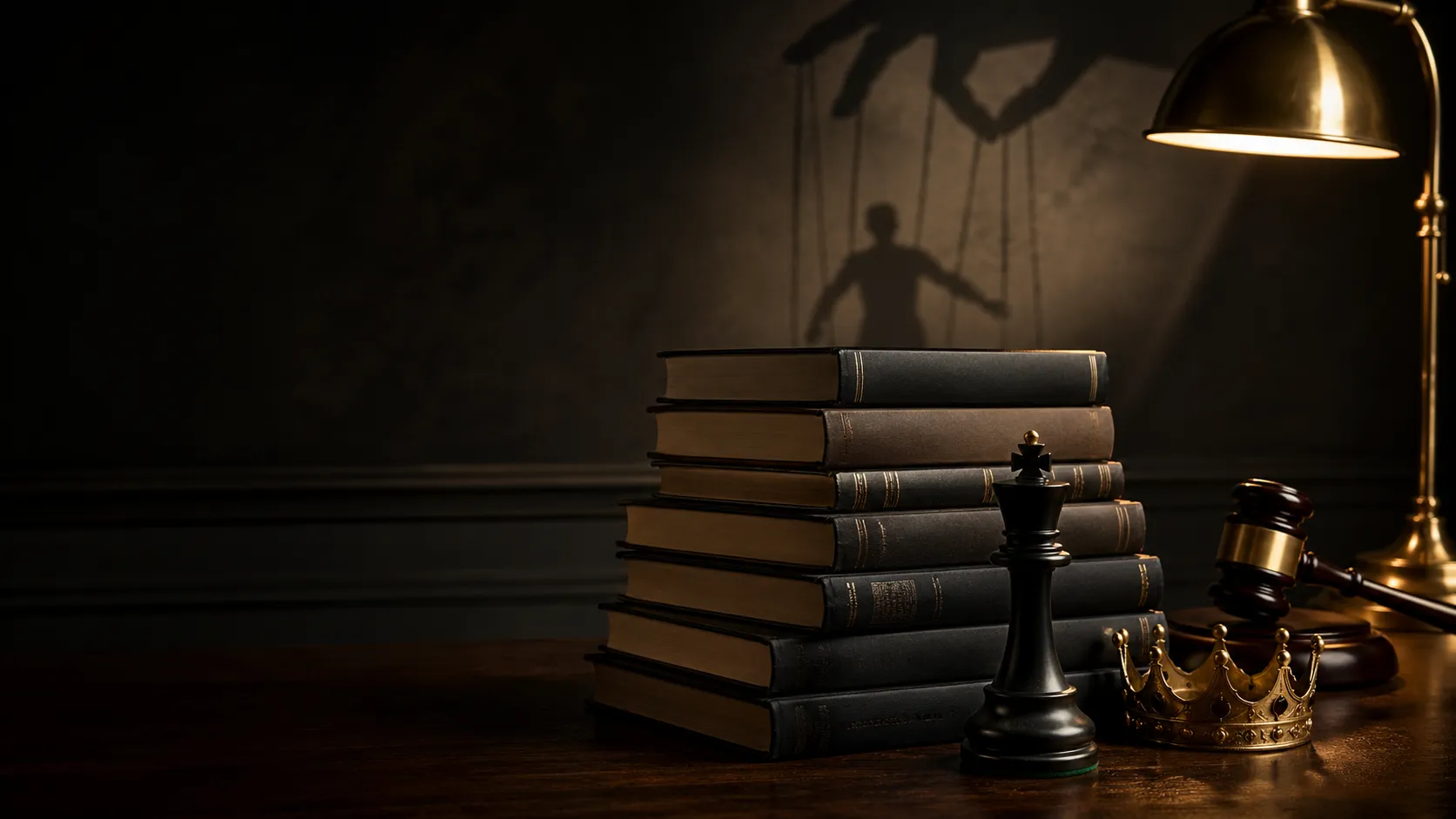 Stacked books with a chess king, crown, gavel, and puppet-string shadow symbolizing power and control.