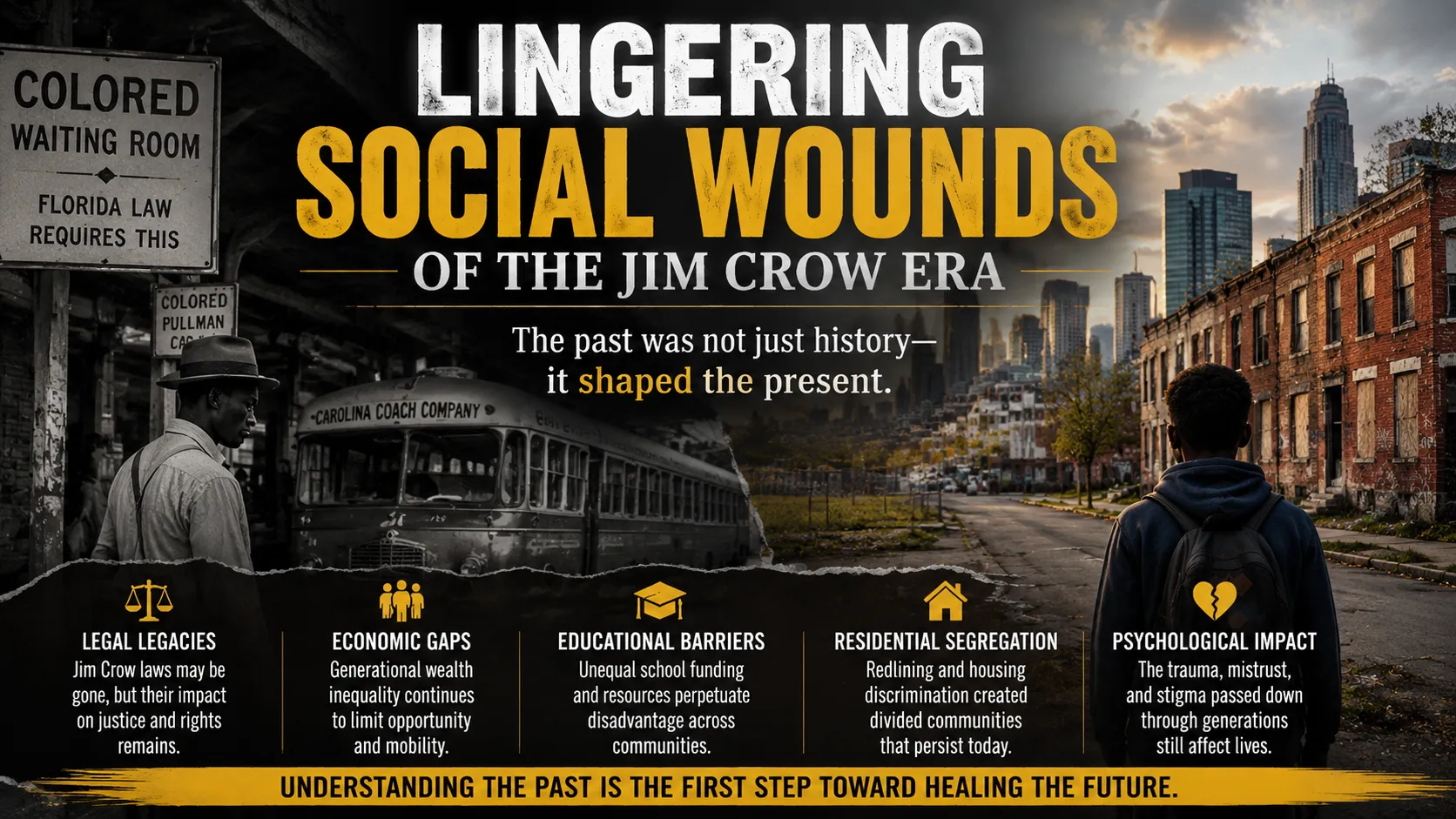Contrast of Jim Crow segregation and modern inequality highlighting lasting social wounds. Contrast of Jim Crow segregation and modern inequality highlighting lasting social wounds.