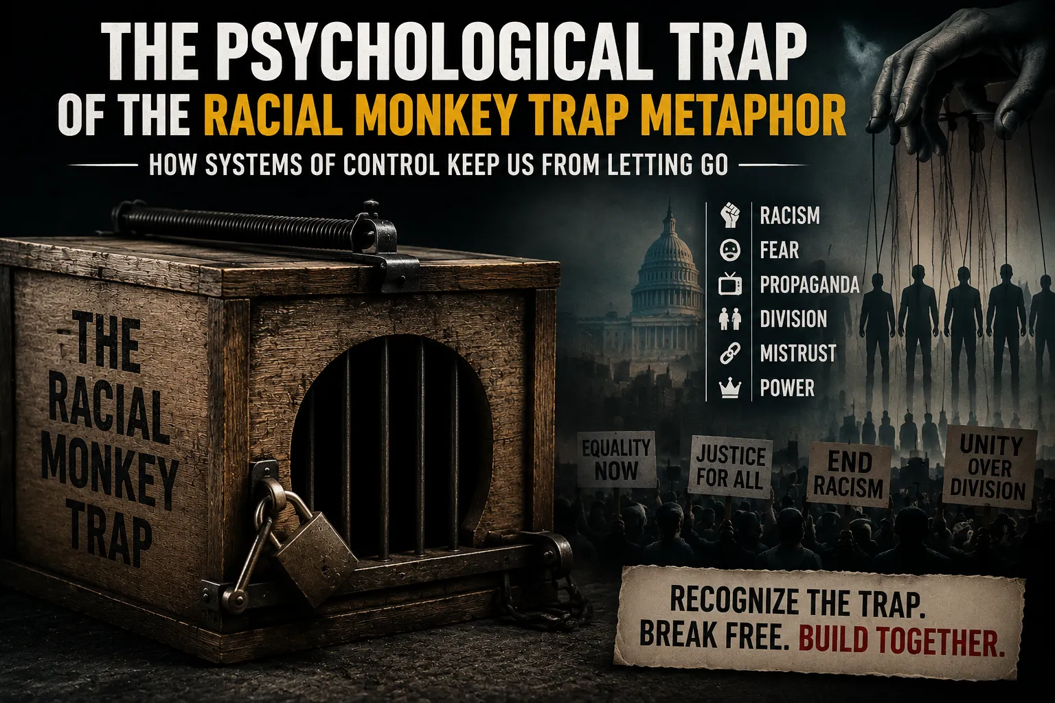 High-contrast conceptual poster showing a racial monkey trap, puppet strings, and protest crowd. High-contrast conceptual poster showing a racial monkey trap, puppet strings, and protest crowd.