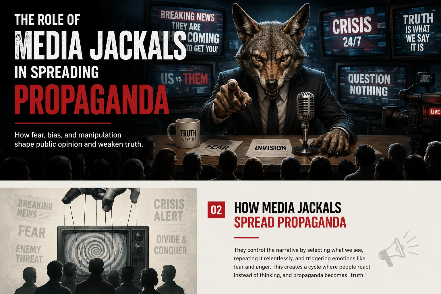 Jackal news anchor spreads propaganda through fear, crisis, division, and media manipulation.