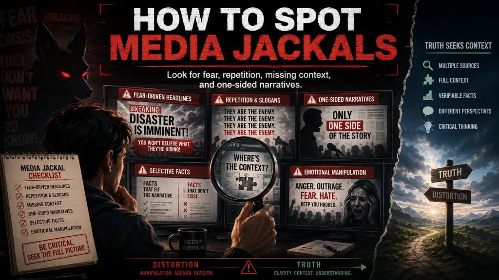 Person checks media screens for propaganda signs, fear headlines, bias, and missing context.