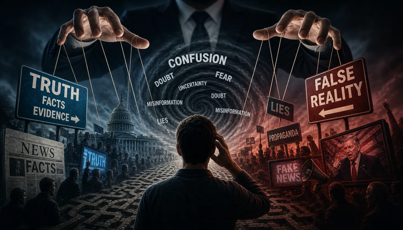 Political gaslighting splits truth and false reality, leaving citizens confused by fear and lies.