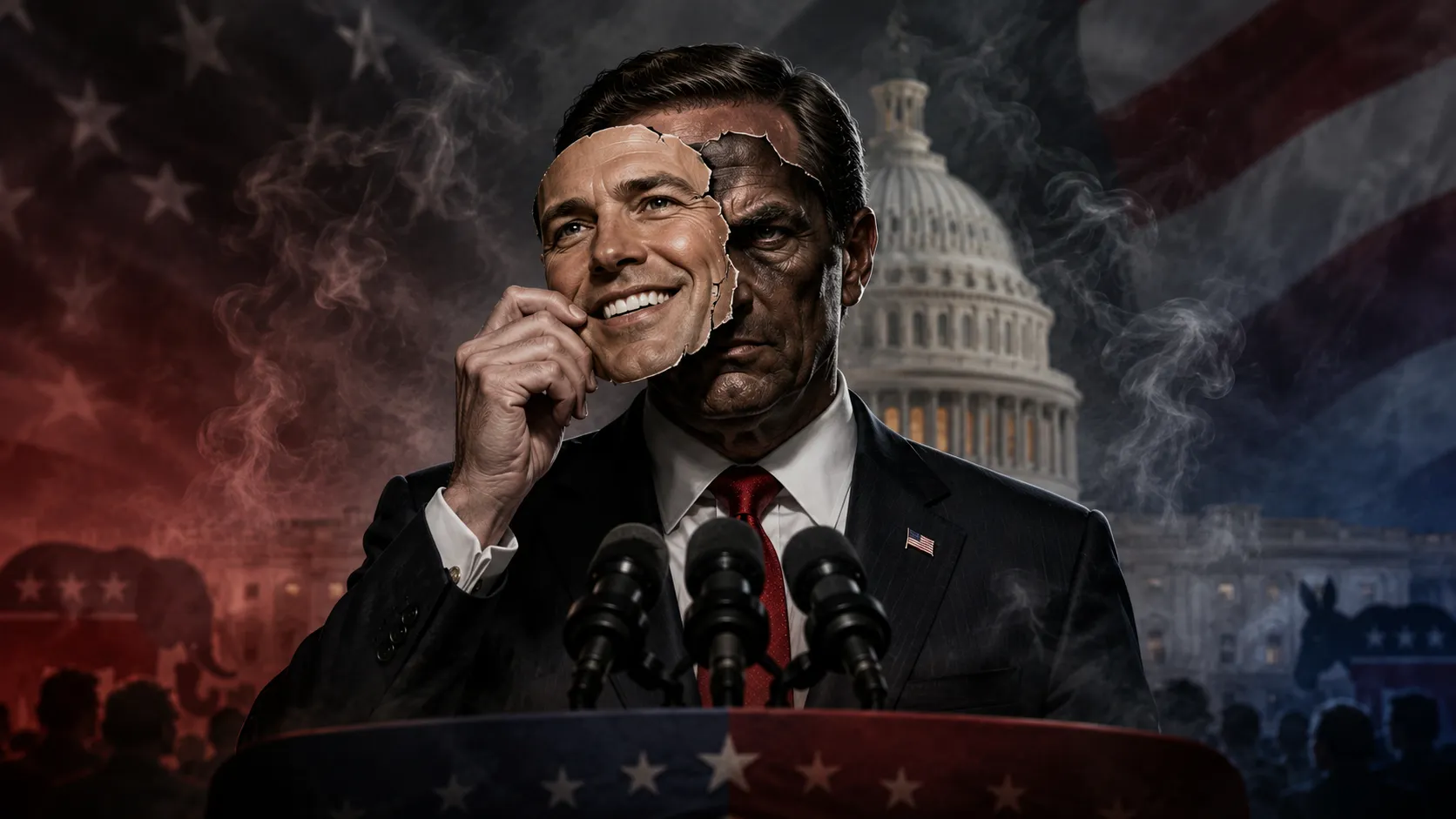 Politician removing a smiling mask before the Capitol, symbolizing hypocrisy in American politics