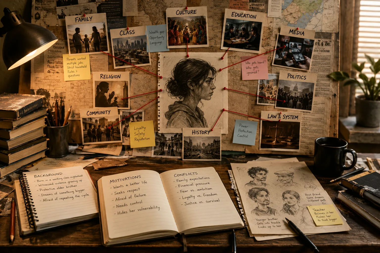 Writer’s desk with character sketches and social system notes connected by red strings.