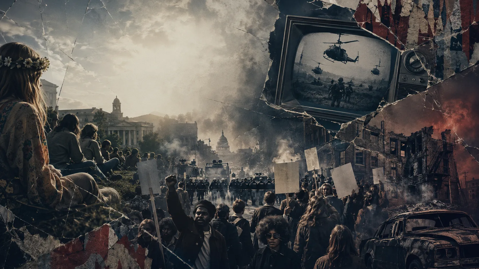1960s unrest shows protest, war, urban decay, and fractured American idealism. 1960s unrest shows protest, war, urban decay, and fractured American idealism.