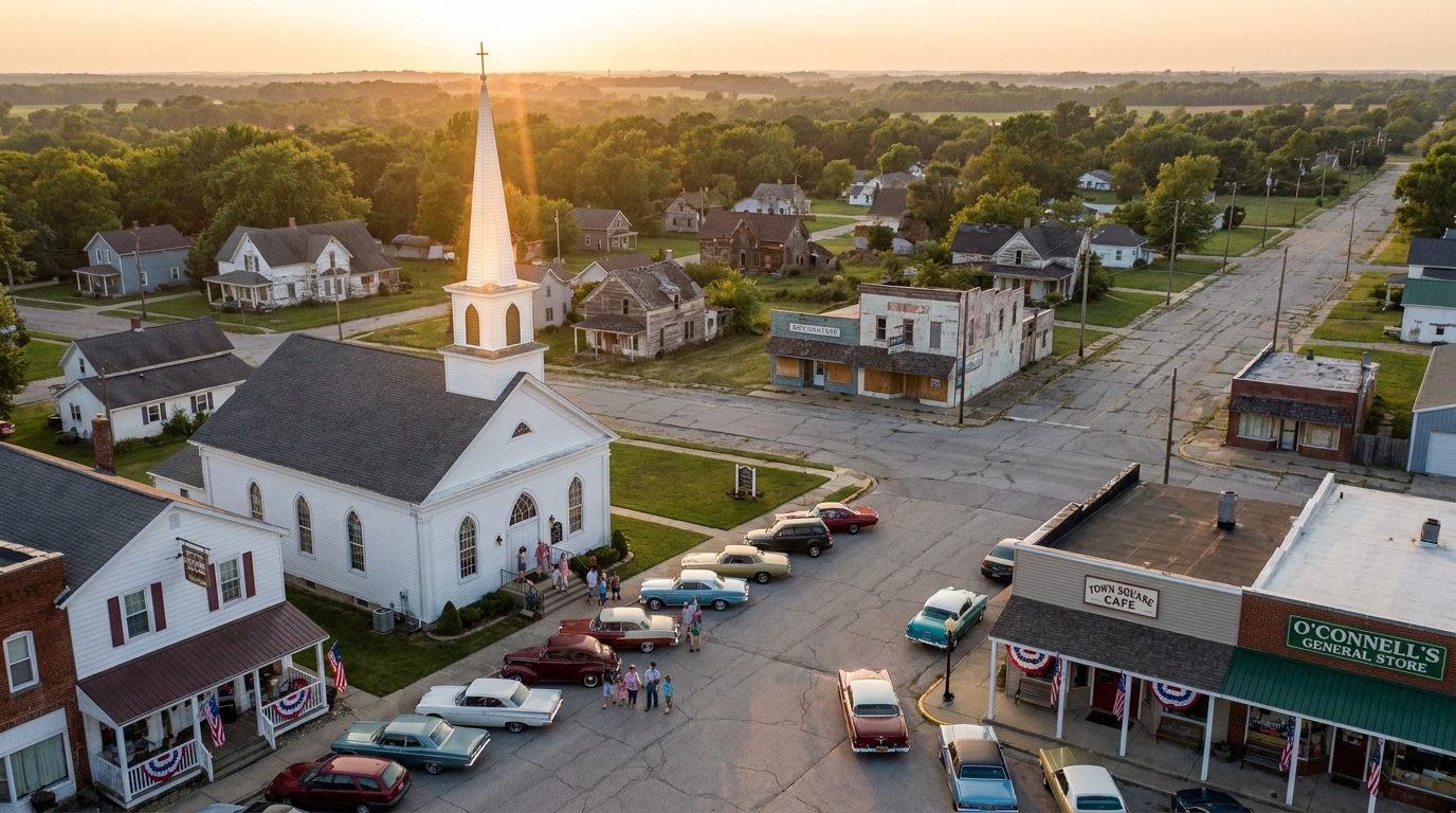 Aerial view of a small-town church, vintage cars, and quiet streets glowing in warm sunset light. Aerial view of a small-town church, vintage cars, and quiet streets glowing in warm sunset light.