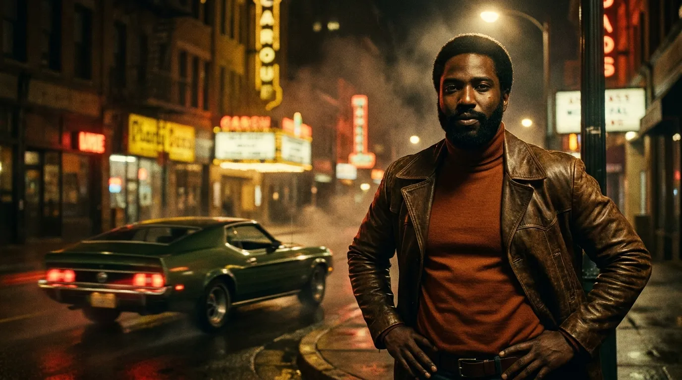 Black man in a leather jacket stands on a rainy 1970s city street near a classic green car at night. Black man in a leather jacket stands on a rainy 1970s city street near a classic green car at night.