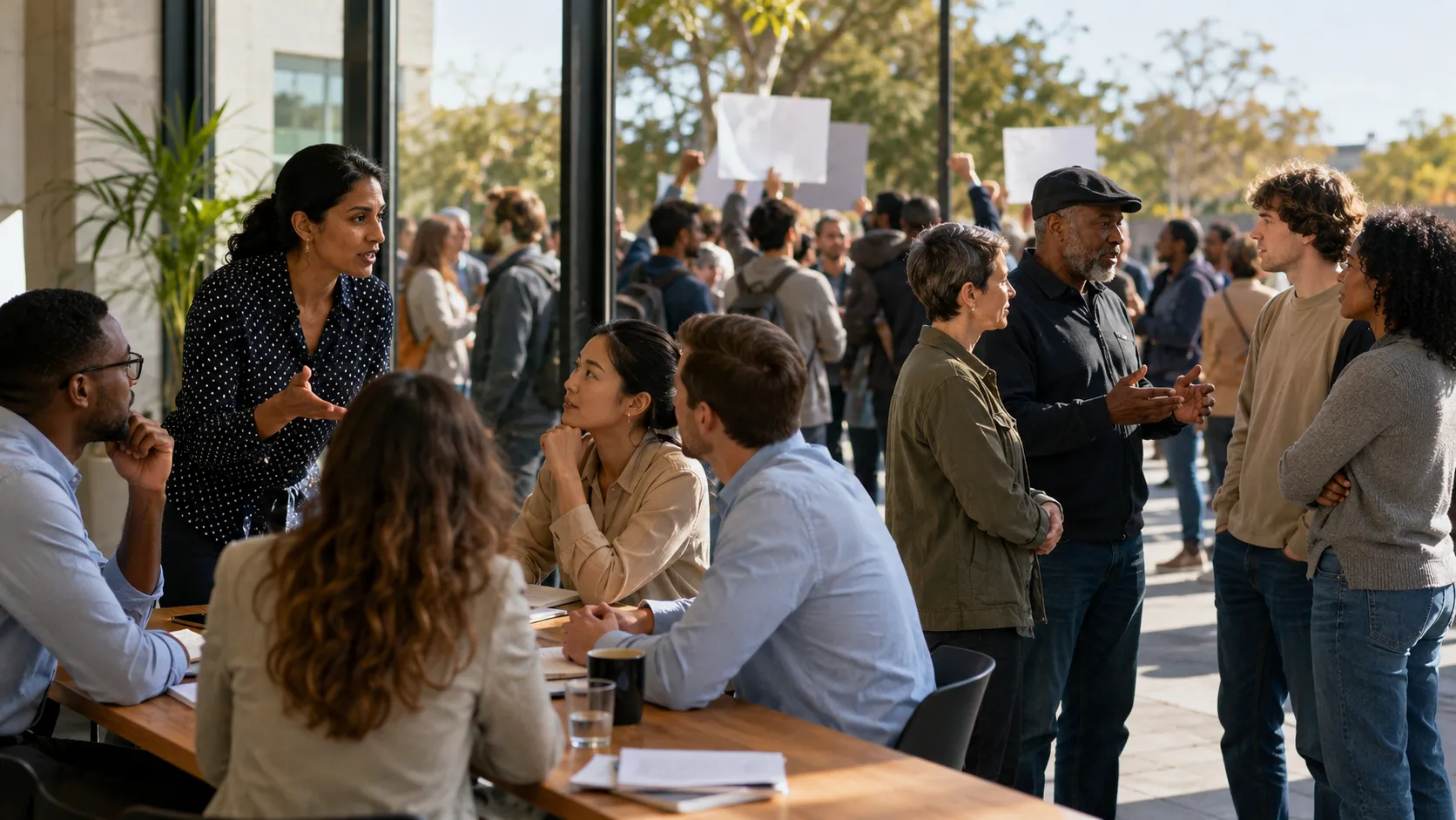 Diverse groups discuss ideas at work and in public showing power, cooperation, conflict, and change.