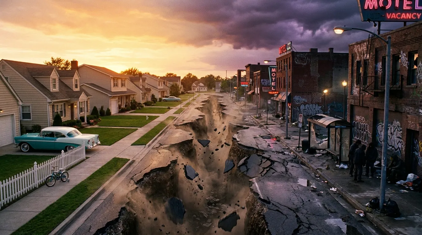 Suburban homes and a deteriorating city street are divided by a massive earthquake fissure at sunset. Suburban homes and a deteriorating city street are divided by a massive earthquake fissure at sunset.